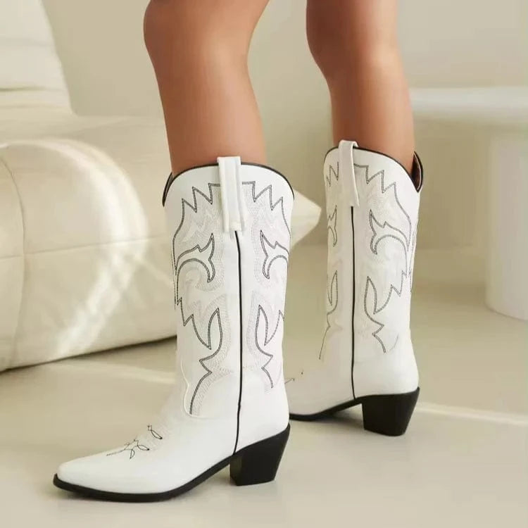 BUSY GIRL XDY4298 Cowboy Boots Wine Red Embroidery Knee High Western Boot Heels For Ladies Pointed Toe Cowgirl Boots for women