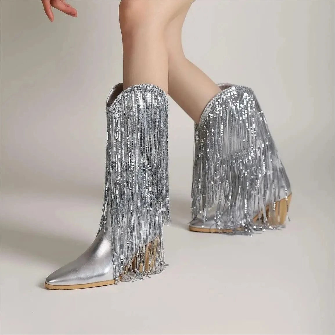 BUSY GIRL XJ4942 women's winter boots ladies shoes trending hot pink sliver botas de mujer sequin tassel cowboy boots