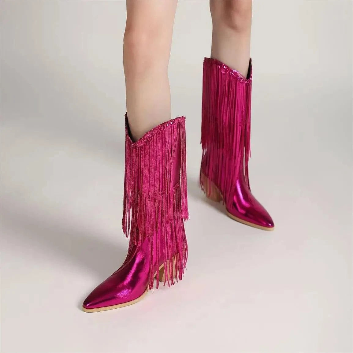 BUSY GIRL XJ4942 women's winter boots ladies shoes trending hot pink sliver botas de mujer sequin tassel cowboy boots