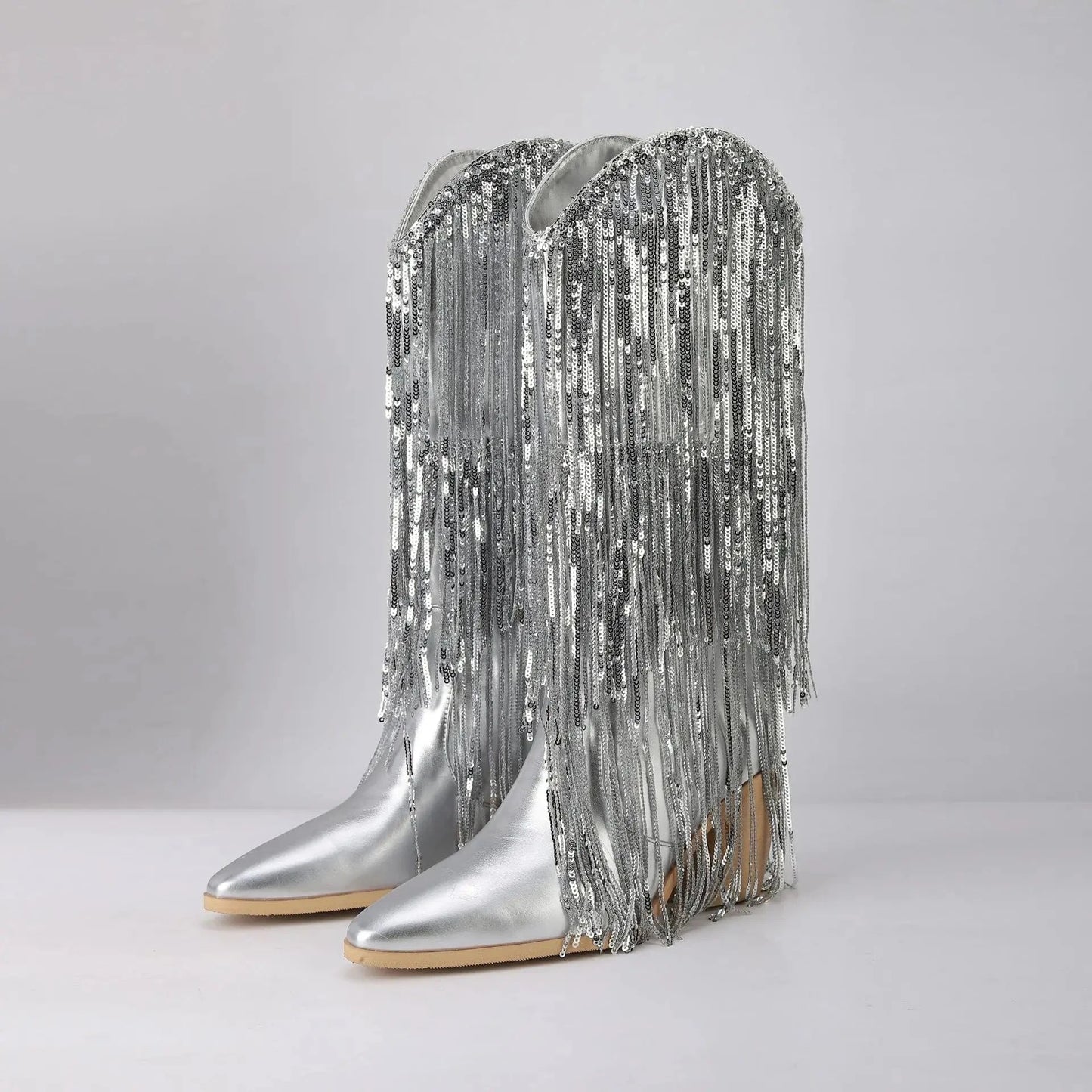 BUSY GIRL XJ4942 women's winter boots ladies shoes trending hot pink sliver botas de mujer sequin tassel cowboy boots