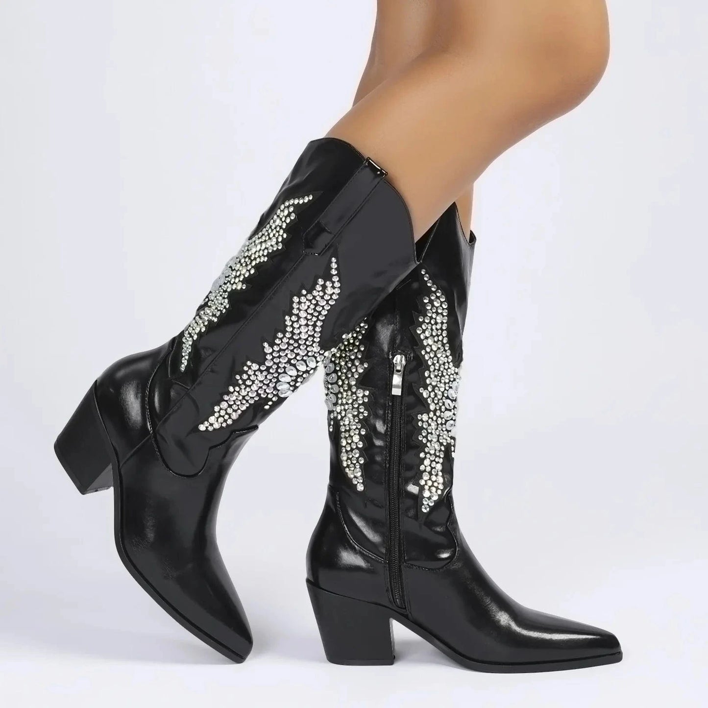 BUSY GIRL XSD4851 AB Rhinestone Butterfly Boots For Women Knee High Boots Block Heels Fashion Party Music Festival Cowboy Boots