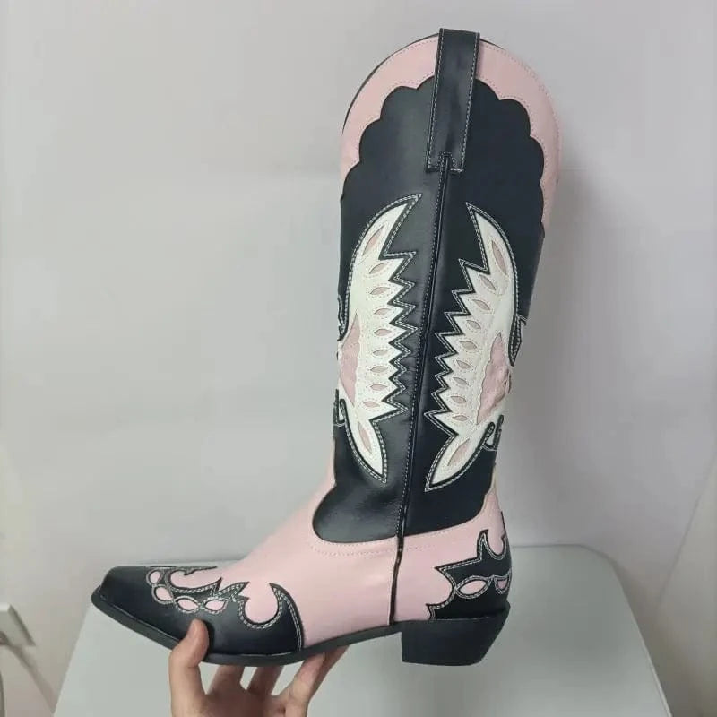 BUSY GIRL XY4780 Pink Boots For Ladies Stitching Embroidered Winter Short Fur 3cm Heels Women Cowgirl Western Cowboy Boots