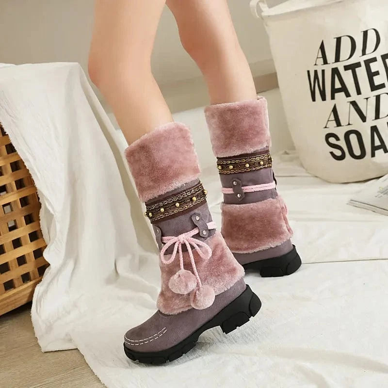 BUSY GIRL XYF42 fur knee high boots women shoes lace up plush flats low heels ladies 90s botas de mujer winter boots for women