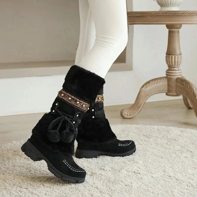 BUSY GIRL XYF42 fur knee high boots women shoes lace up plush flats low heels ladies 90s botas de mujer winter boots for women