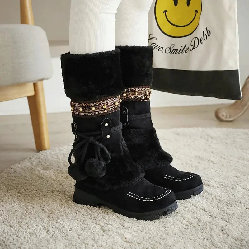 BUSY GIRL XYF42 fur knee high boots women shoes lace up plush flats low heels ladies 90s botas de mujer winter boots for women