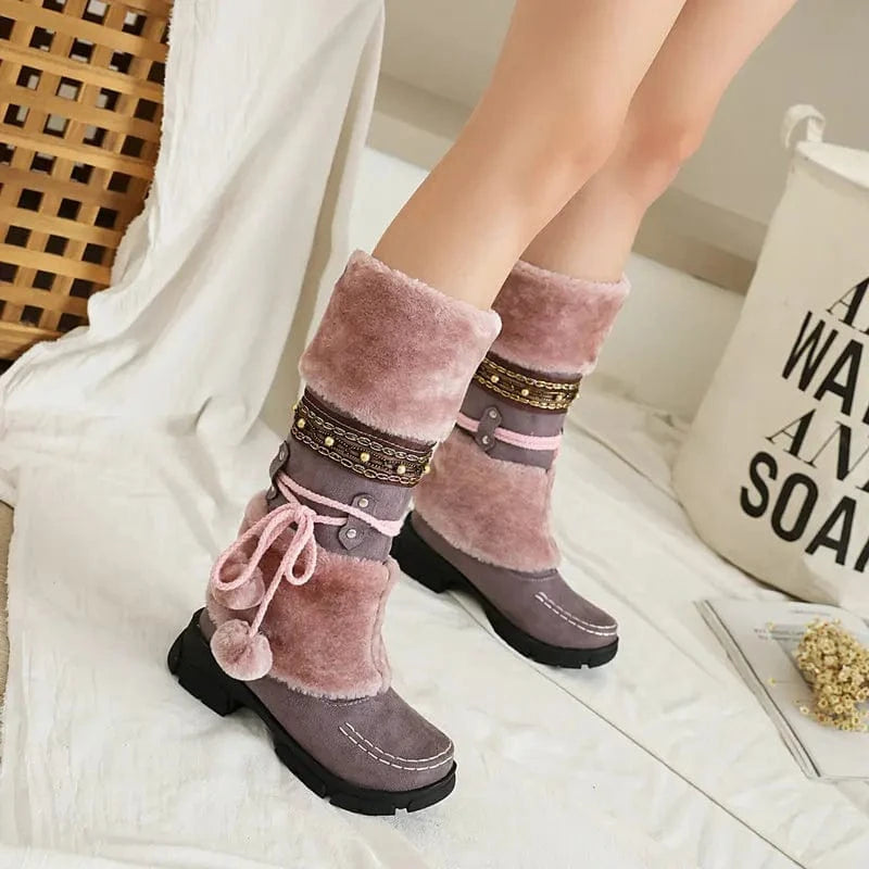 BUSY GIRL XYF42 fur knee high boots women shoes lace up plush flats low heels ladies 90s botas de mujer winter boots for women