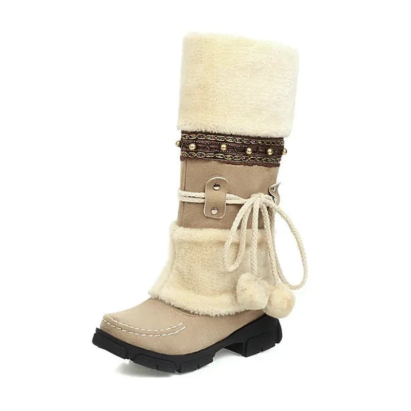BUSY GIRL XYF42 fur knee high boots women shoes lace up plush flats low heels ladies 90s botas de mujer winter boots for women