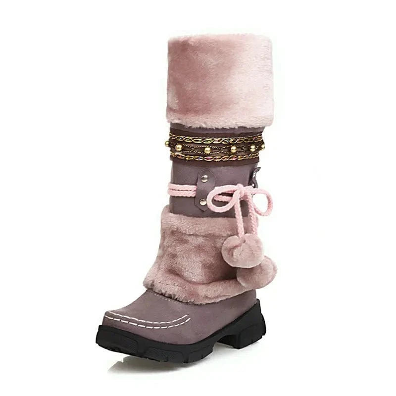 BUSY GIRL XYF42 fur knee high boots women shoes lace up plush flats low heels ladies 90s botas de mujer winter boots for women