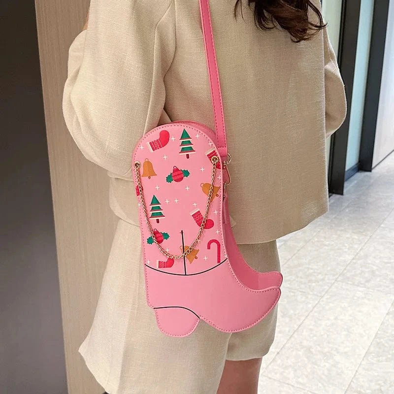 BUSY GIRL YX4986 Pink White Black Women Handbags Ladies PU Leather Cowboy Boots Purses and Handbags for Women Christmas Bags