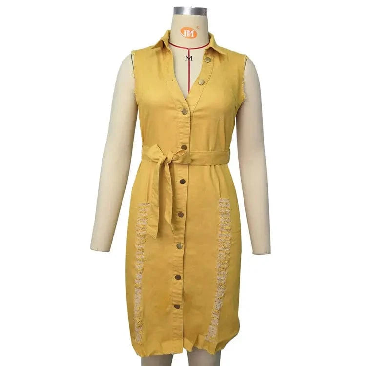 button down casual sleeveless plus size women lady sexy ripped denim jean dress
