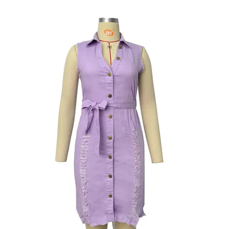 button down casual sleeveless plus size women lady sexy ripped denim jean dress