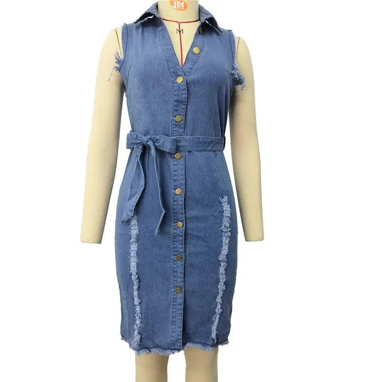button down casual sleeveless plus size women lady sexy ripped denim jean dress