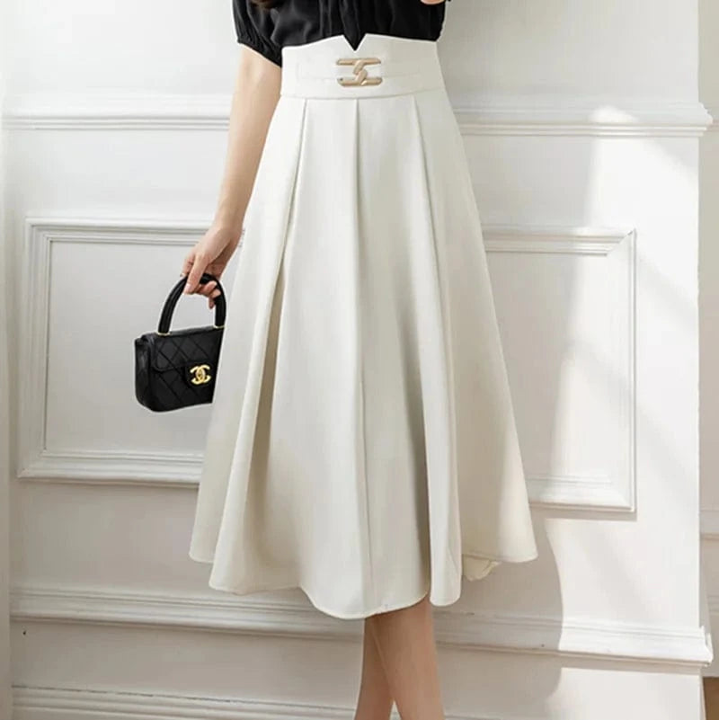 Button High-Waisted A-line Skirt Woman Pure Color Swing Elegant Casual Office Ladies OL Midi Skirts