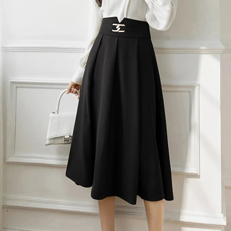 Button High-Waisted A-line Skirt Woman Pure Color Swing Elegant Casual Office Ladies OL Midi Skirts