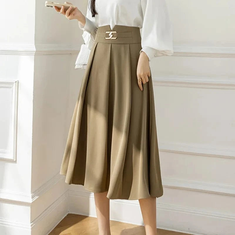 Button High-Waisted A-line Skirt Woman Pure Color Swing Elegant Casual Office Ladies OL Midi Skirts