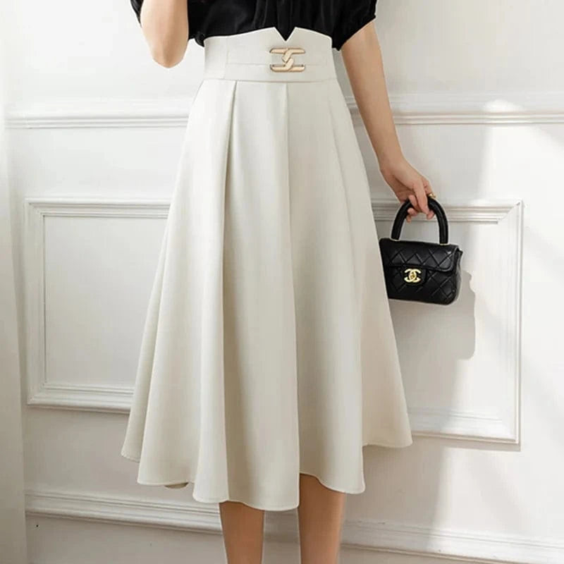 Button High-Waisted A-line Skirt Woman Pure Color Swing Elegant Casual Office Ladies OL Midi Skirts