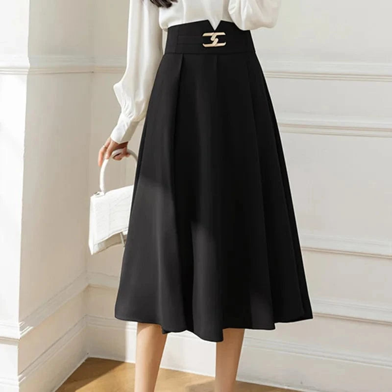Button High-Waisted A-line Skirt Woman Pure Color Swing Elegant Casual Office Ladies OL Midi Skirts