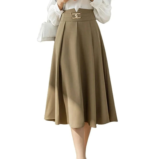 Button High-Waisted A-line Skirt Woman Pure Color Swing Elegant Casual Office Ladies OL Midi Skirts