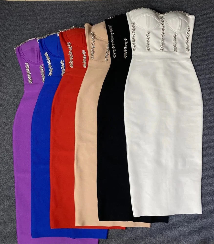 BY2262 Hot Selling Off The Shoulder Diamonds Crystal Midi Sexy Bodycon Bandage Dress High Quality Dresses