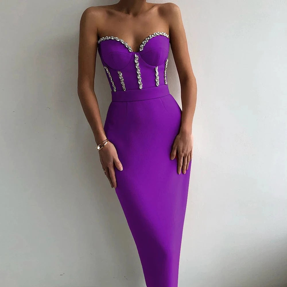 BY2262 Hot Selling Off The Shoulder Diamonds Crystal Midi Sexy Bodycon Bandage Dress High Quality Dresses