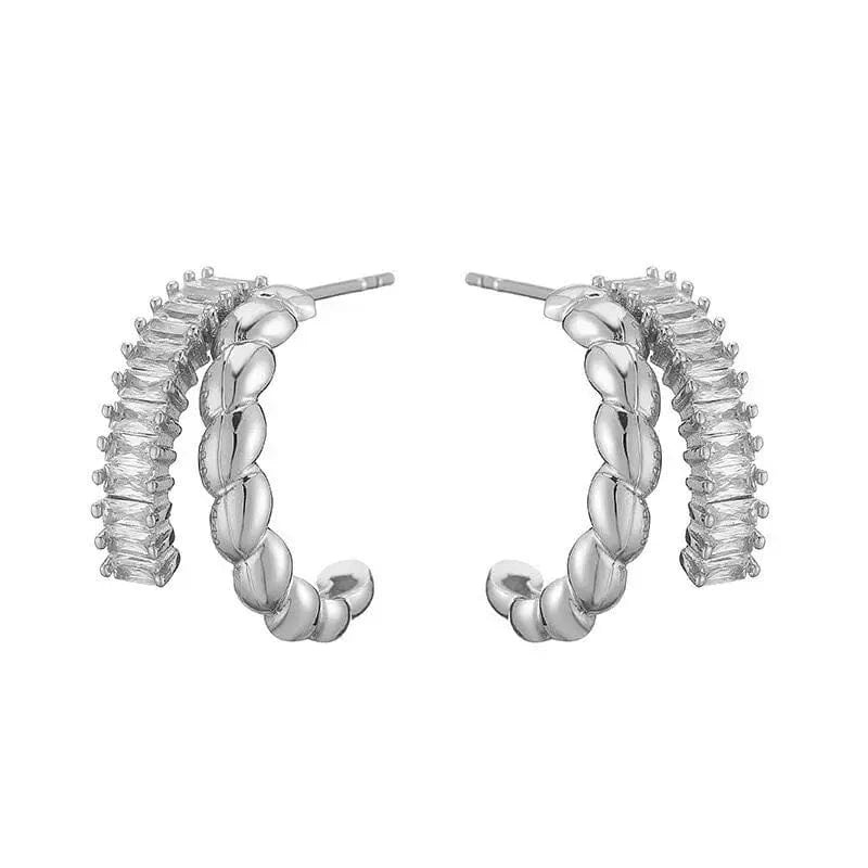 C Trendy Double Layer Twisted C Shape Stud Earrings White Green Baguette Zircon 18k Gold Plated Hoop Earrings Women Party Jewelry