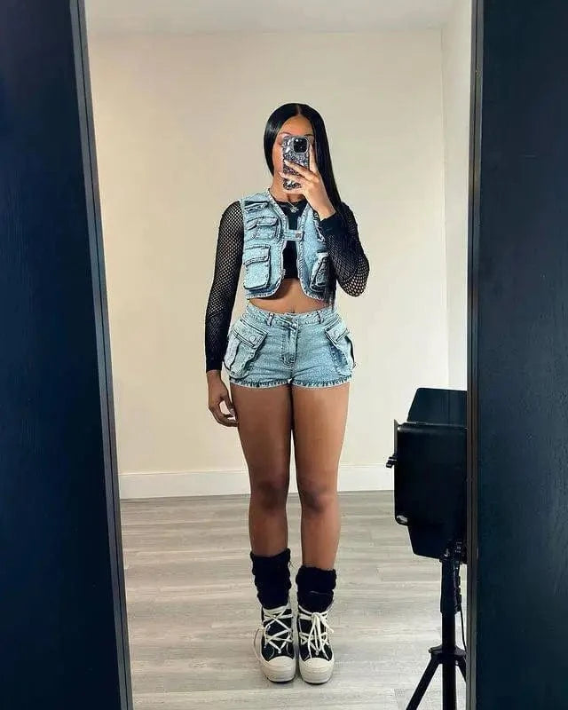 C0298 High quality hot selling multi bag vest top stretch cargo denim shorts women's denim 2 piece set