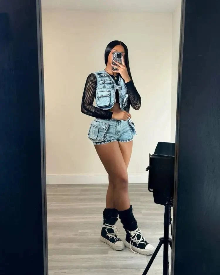 C0298 High quality hot selling multi bag vest top stretch cargo denim shorts women's denim 2 piece set