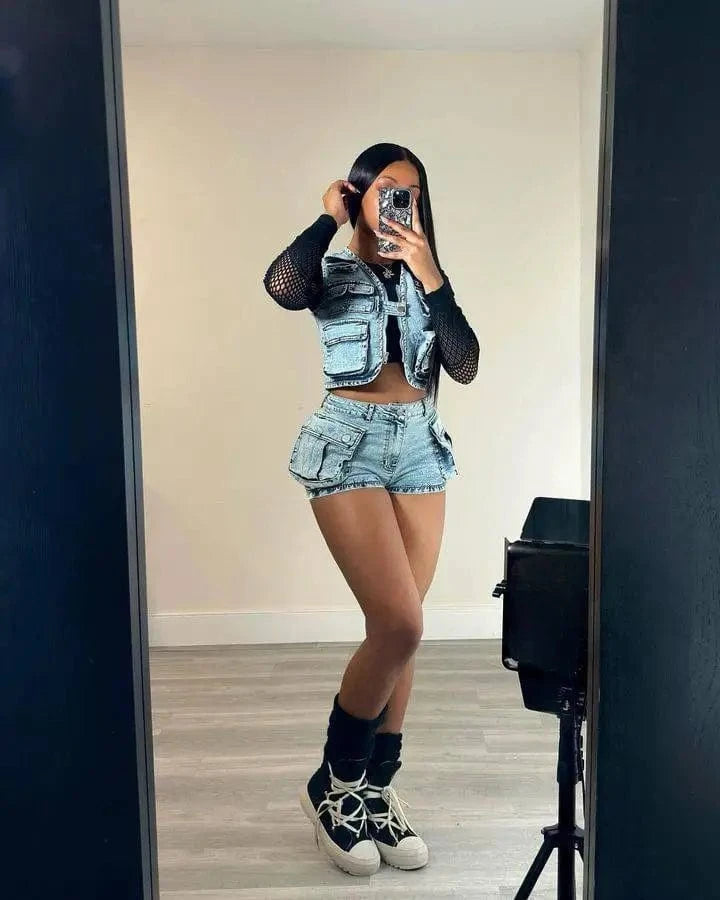 C0298 High quality hot selling multi bag vest top stretch cargo denim shorts women's denim 2 piece set