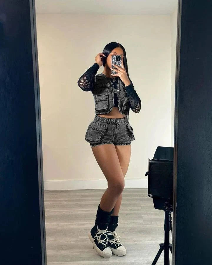 C0298 High quality hot selling multi bag vest top stretch cargo denim shorts women's denim 2 piece set