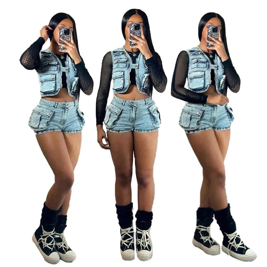 C0298 High quality hot selling multi bag vest top stretch cargo denim shorts women's denim 2 piece set
