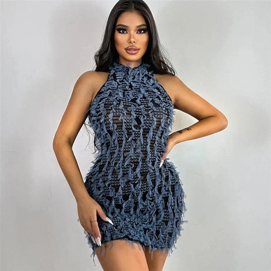 C0348 2024 women's new street Hollow Out patchwork sleeveless head slim fit hip wrap dress