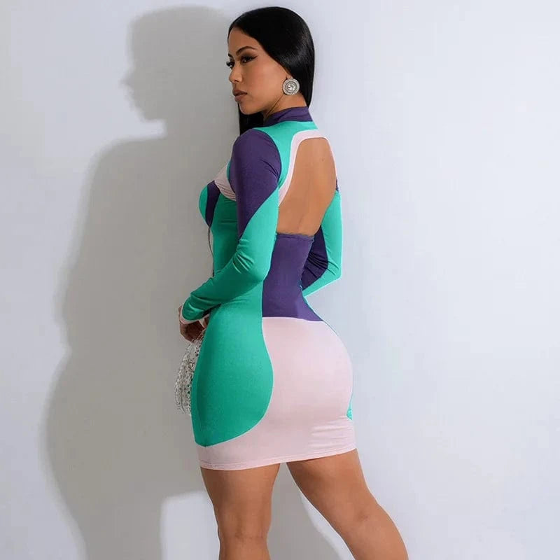 C0808 2024 spring Digital printing contrasting color diamond sexy tight dress for women