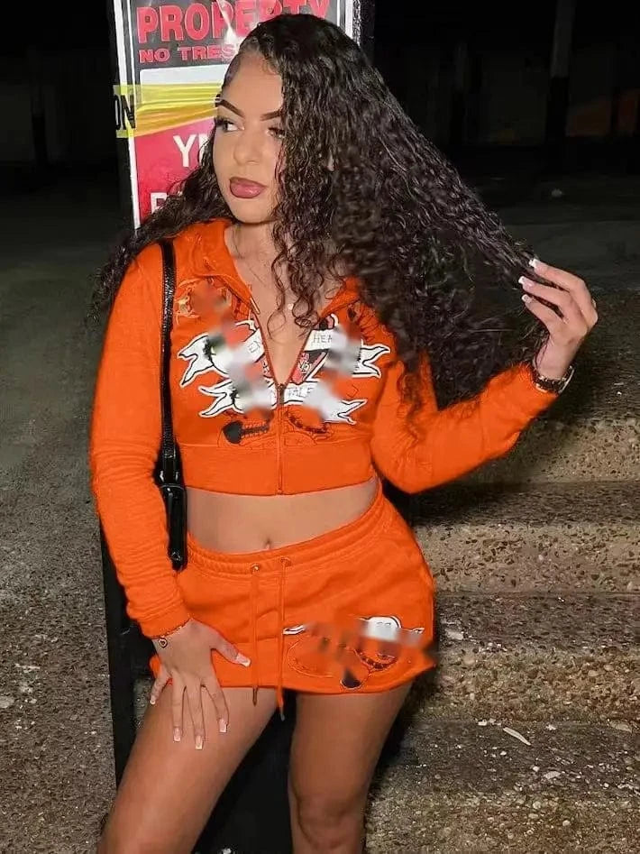 C0941 Hot sales 2024 Fashion casual Long sleeved hooded jacket Y2K printed high waisted skirts set