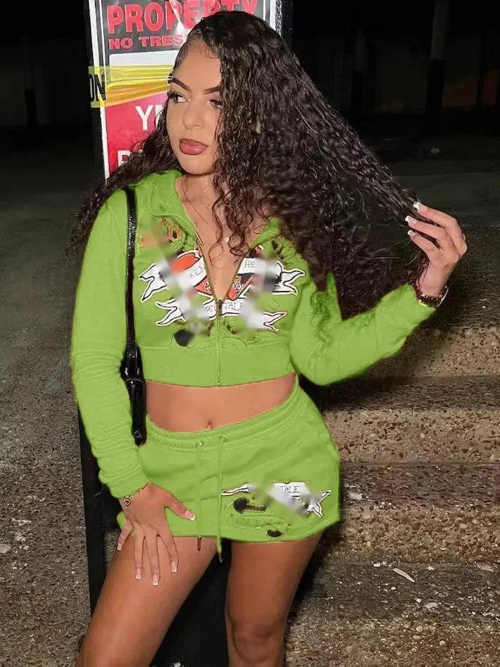 C0941 Hot sales 2024 Fashion casual Long sleeved hooded jacket Y2K printed high waisted skirts set