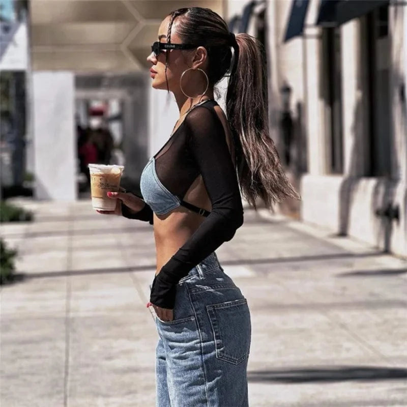 C1818 New fashionable street denim mesh patchwork sexy backless short top for women