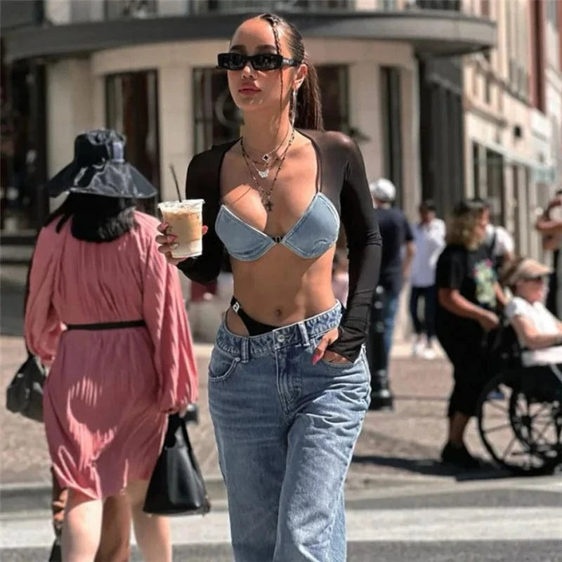 C1818 New fashionable street denim mesh patchwork sexy backless short top for women