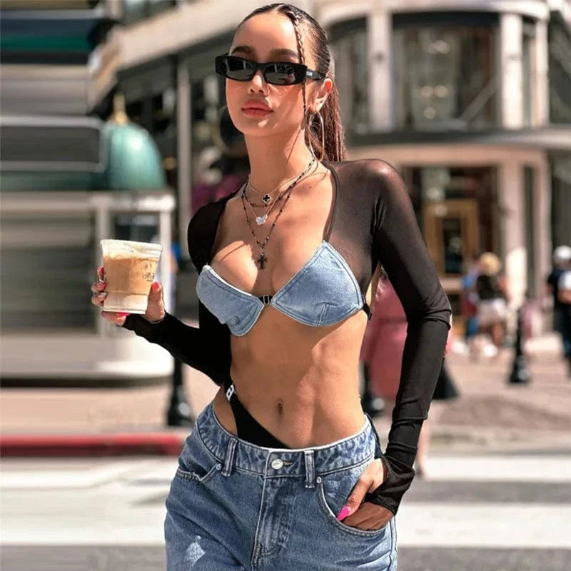 C1818 New fashionable street denim mesh patchwork sexy backless short top for women