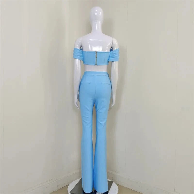 C2322 Wholesale Sky Blue Strapless Pencil Casual Women Two Piece Set 2024