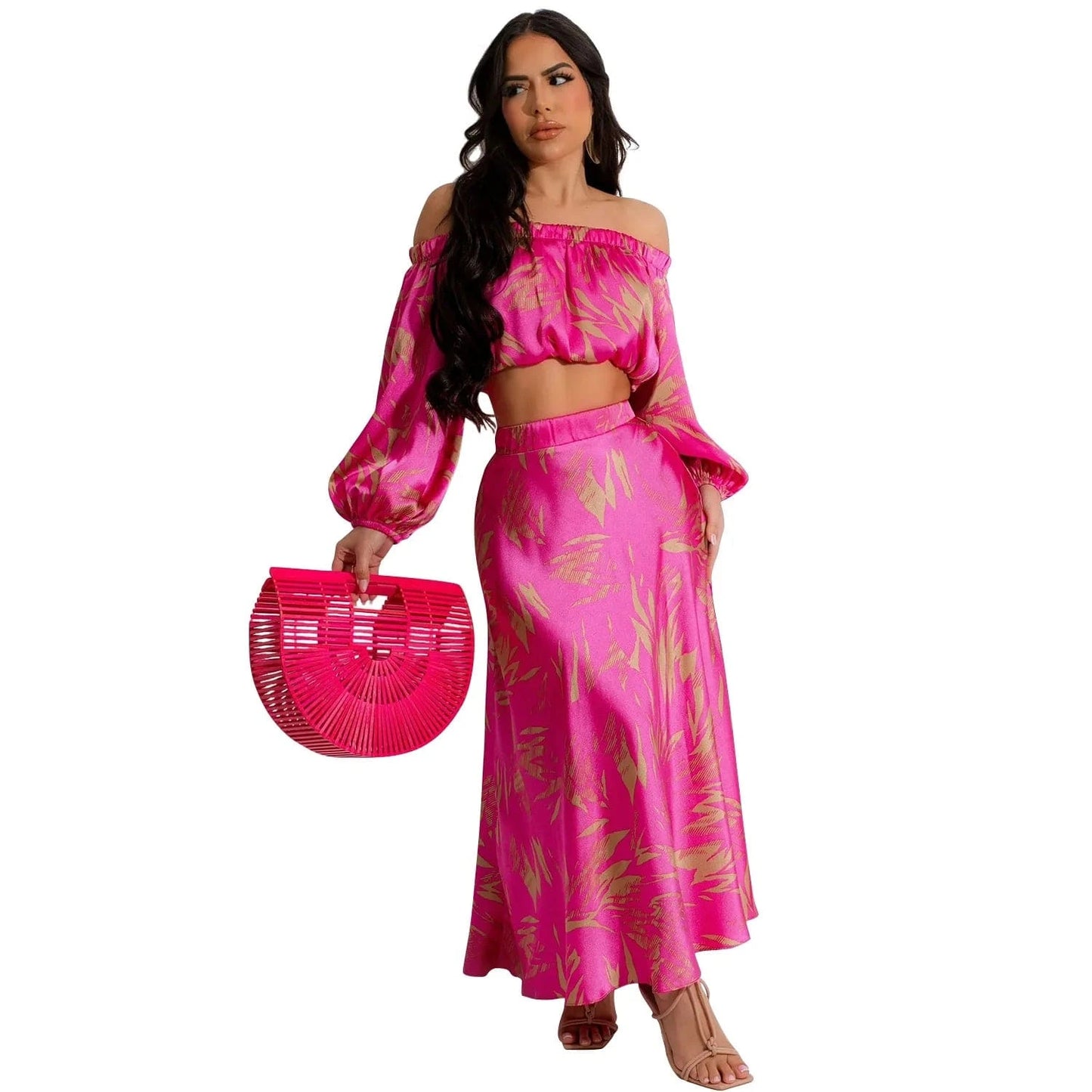 C6881 2024 New Arrivals Spring Summer Sexy Print Crop Top Long Sleeve + A-line Skirt Women s Sets