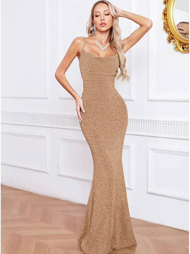 Camel-colored / S / CHINA Women's Camel-Colored Spaghetti Strap Maxi Dress Ruched Mermaid-style Hot chick Slip Dress Evening Parties Special Occasions
