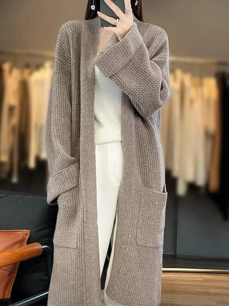 camel / M High Quality Women Cashmere Long Cardigan Autumn Winter Thick Casual Loose Style Sweater 100% Merino Wool Knitwear Korean Tops