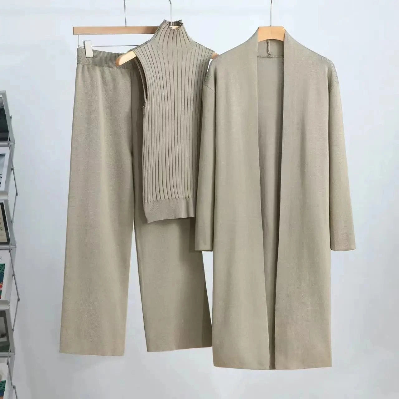 camel / One Size Autumn Winter Sweater 3 Piese Sets Women Suitfit 2024 Fashion Knitted Sleeveless Vest Cardigan Coat Pants Sets Outerwears Tops