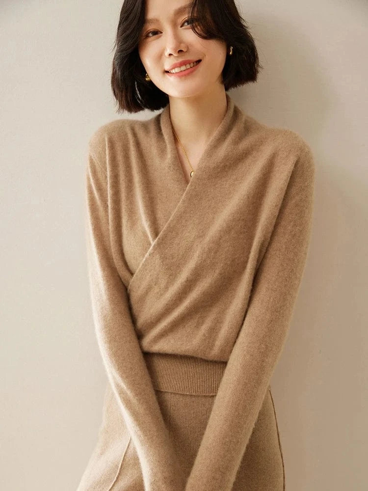 Camel / XL Women's 100% Cashmere Sweater Crossover Collar Pullover Office Lady Basic Grace Cashmere Knitwear Autumn Winter Tops