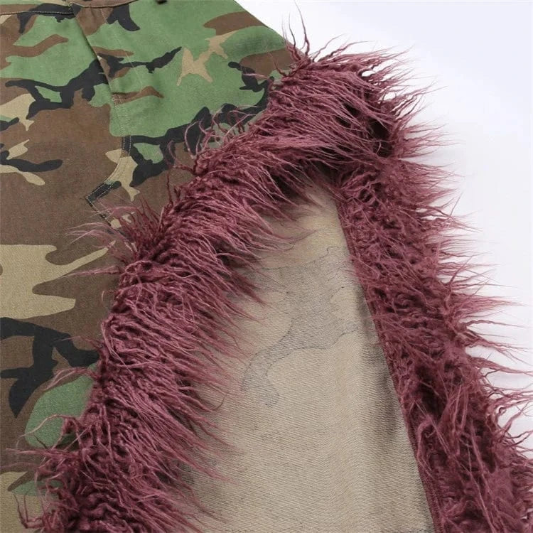 Camouflage Print Patchwork Fur Maxi Skirts Women Fashion High Waist Split Bodycon Skirt 2024