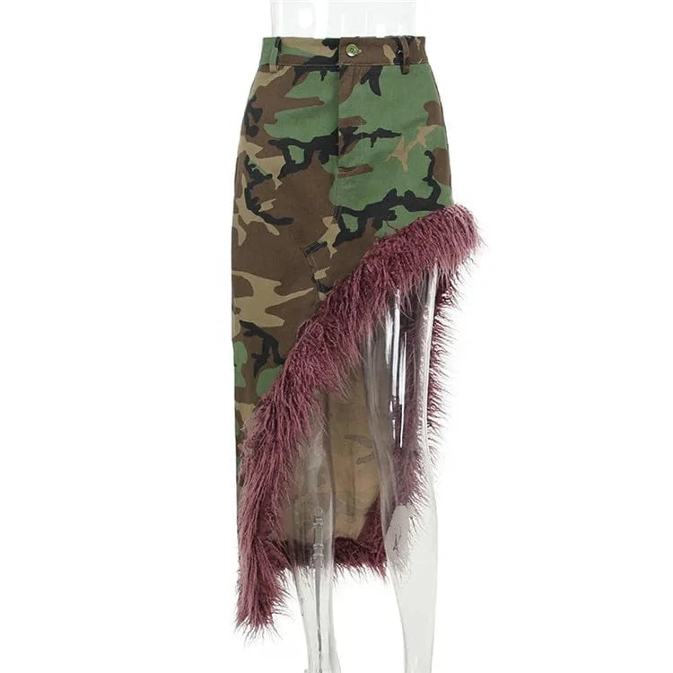 Camouflage Print Patchwork Fur Maxi Skirts Women Fashion High Waist Split Bodycon Skirt 2024