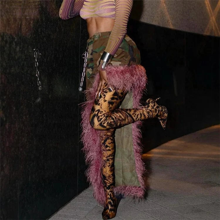 Camouflage Print Patchwork Fur Maxi Skirts Women Fashion High Waist Split Bodycon Skirt 2024