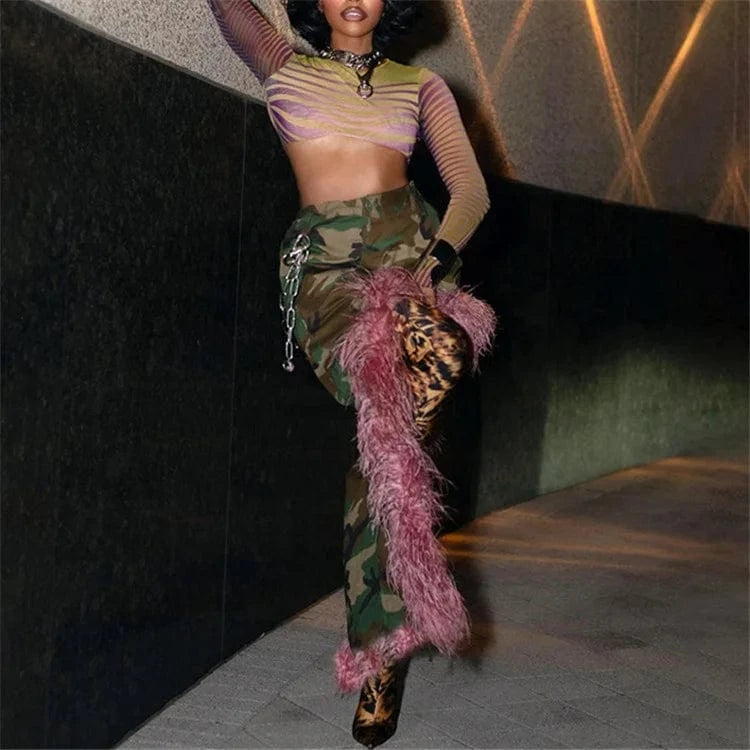 Camouflage Print Patchwork Fur Maxi Skirts Women Fashion High Waist Split Bodycon Skirt 2024