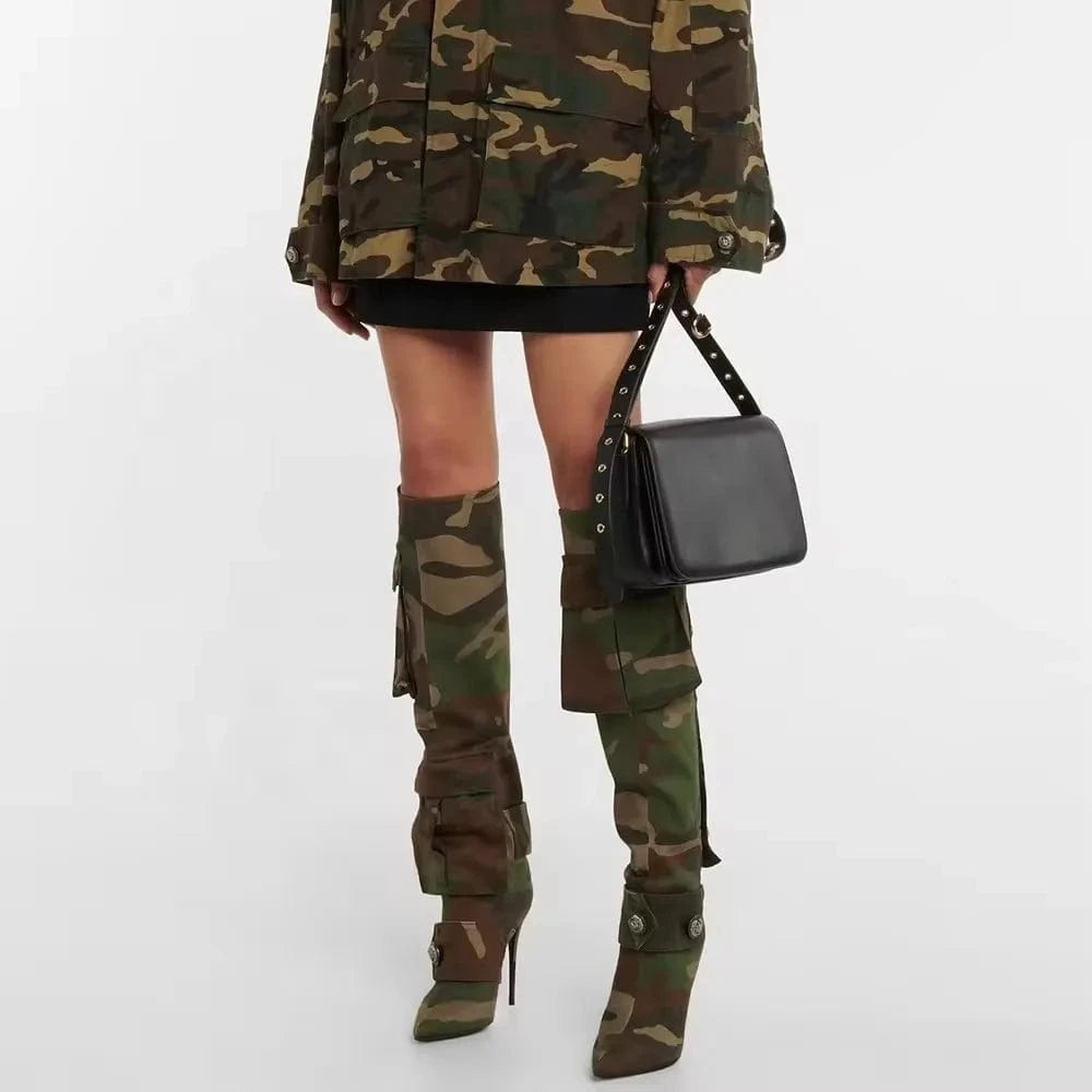 Camouflage Women's Thin Heel Pockets Knee-high Boots Pointed Toe Wide Fit Long Booties Fashion Stiletto Shoes