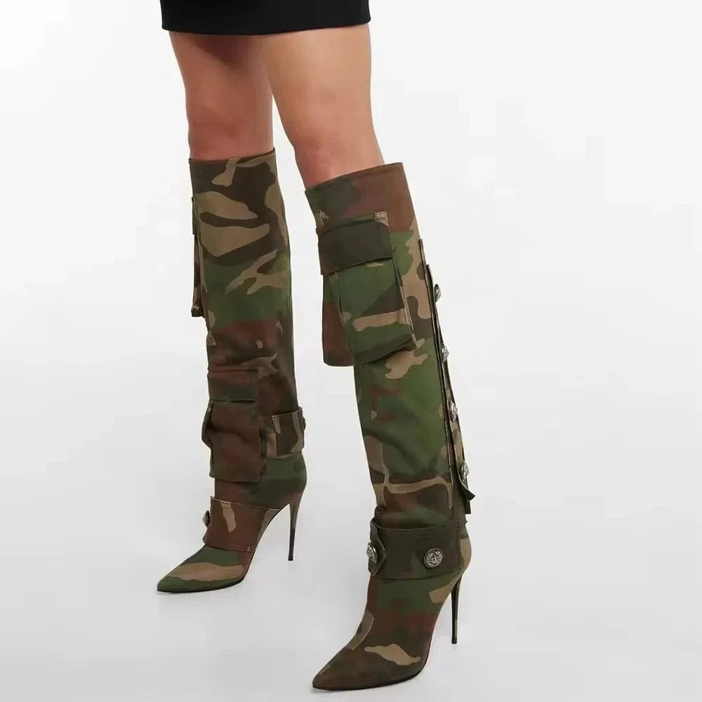 Camouflage Women's Thin Heel Pockets Knee-high Boots Pointed Toe Wide Fit Long Booties Fashion Stiletto Shoes