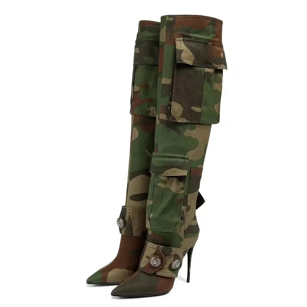 Camouflage Women's Thin Heel Pockets Knee-high Boots Pointed Toe Wide Fit Long Booties Fashion Stiletto Shoes